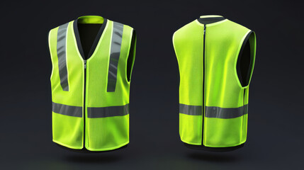 Safety vest jacket, isolated for security, traffic, and worker uniform use. Vector realistic 3D mockup in fluorescent green with reflective stripes and a zip, representing personal protective clothing