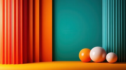 Wall Mural - Colorful abstract background with geometric shapes, featuring vibrant orange and teal columns and spherical forms.