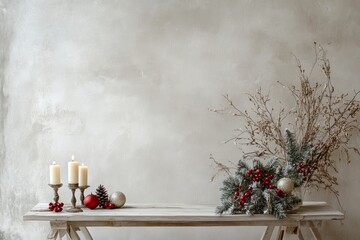 Decorated table for christmas with a few carefully placed holiday candles and ornaments, set against a large, empty wall, creating a serene and balanced composition with ample negative space. 