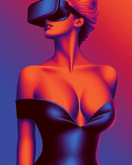 Wall Mural - A woman in a black dress stands in front of a red background. The woman is wearing a virtual reality headset