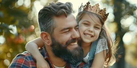 Wall Mural - Cheerful dad with a beard placing a crown atop the head of a joyful preteen girl