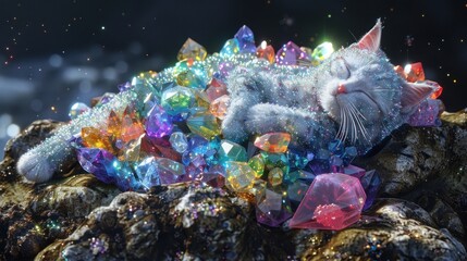 Poster - A cat sleeping on a bed of colorful crystals.