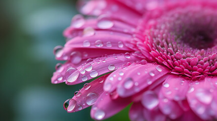 Wall Mural - Bright pink petals are adorned with glistening dew drops, showcasing the flower's beauty in a lush garden during the tranquil early morning hours, wallpaper