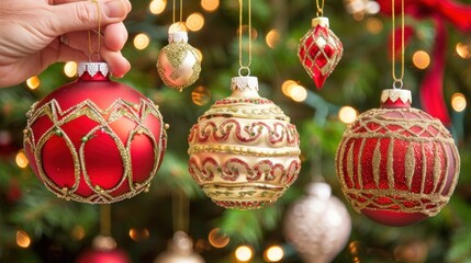 Closeup of Red and Gold Christmas Ornaments.