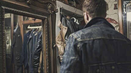 Man in a denim jacket, standing near a mirror.