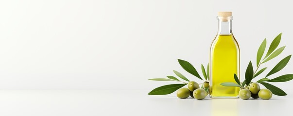 Bottle of olive oil with fresh olives and leaves on a minimalist background. Healthy cooking and natural ingredients concept