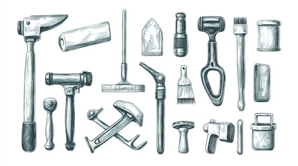 Sketch icons of house repair tools. Vector set includes home construction drill, saw, hammer, carpentry woodwork grinder, ruler, screwdriver, plastering trowel, and paint brush.