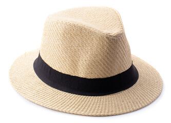 Vintage Straw hat with black ribbon for man isolated over white background.