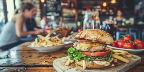 Wall Mural - Cheese and Tomato Grilled Chicken Burger Served on a Rustic Table in a Relaxed Dining Atmosphere