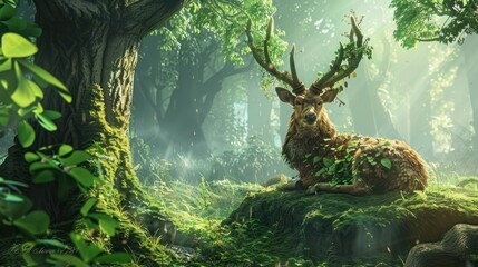 Poster - Magical Deer in a Forest Clearing.