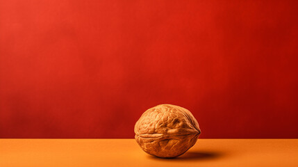 A whole walnut rests on a warm wooden surface, illuminated by golden hour light, showcasing its intricate texture against a vibrant red backdrop, copy space