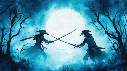 Two Silhouettes Dueling in a Moonlight Forest.