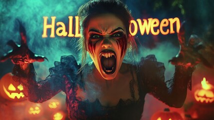 Wall Mural -   woman vampire on Halloween . The inscription 