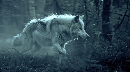 Canvas Print - A lone wolf stalks through a misty forest.