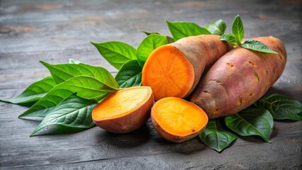 Wall Mural - Bright and vibrant whole and split sweet potatoes with green leaves on background