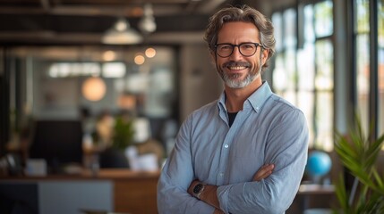 Happy confident professional business man of mature standing in office. 40 years old business owner, company manager, smiling senior ceo executive, corporate leader at work.