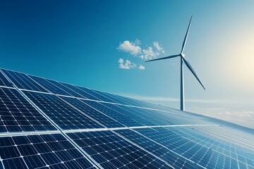 A minimalist composition featuring a single wind turbine and solar panel in an open field, with a vast area of clear blue sky offering abundant copy space.