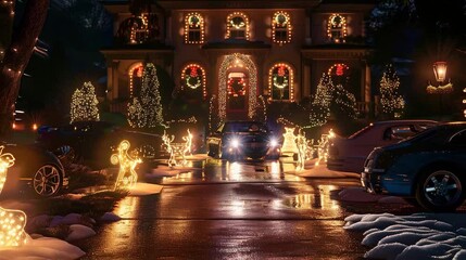 a mansion decorated for christmas with luxury vehicles parked in front, a slow dolly zoom down the d