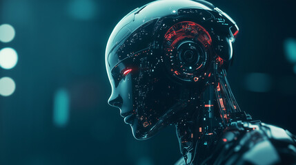 Wall Mural - A detailed view of a robotic figure highlighting its sleek facial design and illuminated circuitry, set against a softly lit futuristic background that emphasizes innovation, copy space