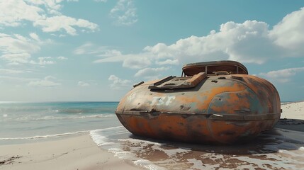 Gum medicine tank sitting on a sandy beach