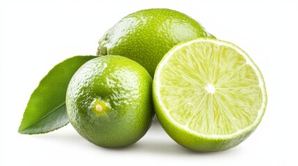 A close-up shot of two whole limes and one lime cut in half with leaves isolated on a white background.