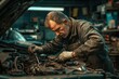 © pumungkus - Photograph a mechanic leaning over an engine, tightening bolts with a wrench, with grease-stained hands and tools scattered around.  workshop filled with car parts, tools, and an open hood.