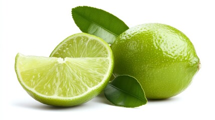 Wall Mural - A whole lime, a halved lime, and lime leaves isolated on white.