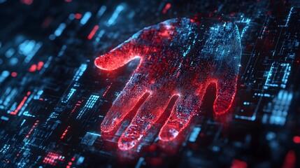 Handprint with AI symbols and speech analysis graphs, double exposure style, showcasing the intersection of biometrics and voice authentication