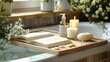 © Morng - Wooden bath tray with open book, candle and body care products on tub indoors