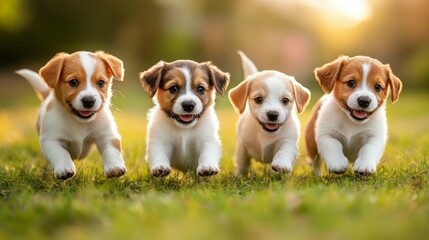 Four playful puppies run joyfully in a sunlit field, showcasing their adorable expressions and lively spirits.