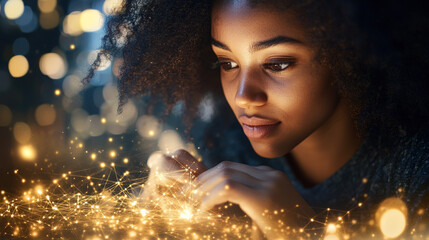 Wall Mural - Curly-Haired African American Woman Engrossed in Data and Code with Neon Lights and Bokeh Effect in a Cyberpunk-Themed Environment