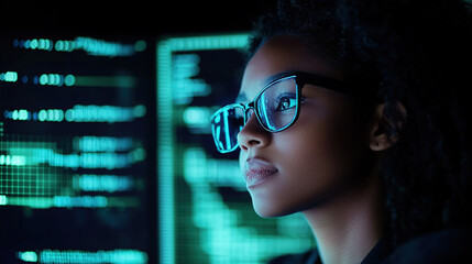 Wall Mural - Futuristic Neon-Lit Double Exposure of an African American Woman with Curly Hair Working with Data and Code in a Cyberpunk Environment