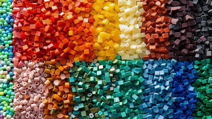 Colorful plastic granules arranged in a grid, showcasing modern manufacturing diversity. Highlighting innovative production methods in a vibrant mosaic