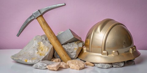 A gold helmet sits on top of a pile of rocks and a pickaxe