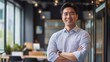 © yj - Happy confident professional Korean business man of mature standing in office. 40 years old business owner, company manager, smiling senior ceo executive, corporate leader at work.
