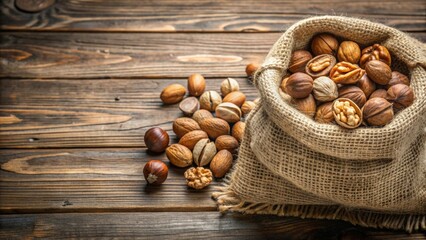 Wall Mural - Nuts in burlap bag on background, perfect for food and packaging designs