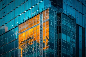 Poster - Urban Sunset Reflection on Modern Glass Building Facade in City Center