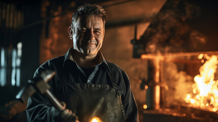 A man stands confidently in his workshop, holding a hammer, surrounded by glowing embers and tools, showcasing his craftsmanship at dusk