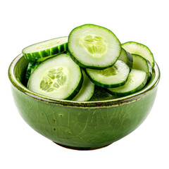 Slices of Cucumber in a bowl front view isolate on transparency background