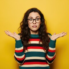 Wall Mural - confused woman, glasses, long hair, striped sweater, yellow background, perplexed expression, hands raised, midshot