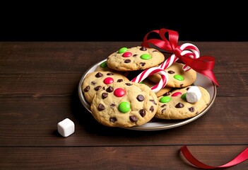 Wall Mural - A plate of chocolate chip cookies with candy canes, marshmallows, and a red ribbon on a dark background