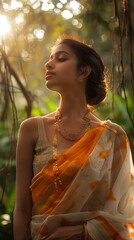 Wall Mural - A south indian model posing for a vogue magazine ad inside a parc, stylish, she is wearing a beautiful saree, cinematography, beautiful bokeh ,generative ai