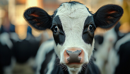 Poster - Cow grazing in green meadow, cute animal portrait generated by AI