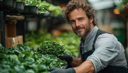 Wall Mural - Smiling man working in greenhouse holding fresh plant generated by AI