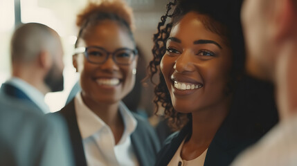 Wall Mural - A candid moment of a diverse and successful business team smiling and socializing.