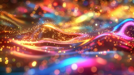 Abstract background with colorful glowing waves and sparkling lights.