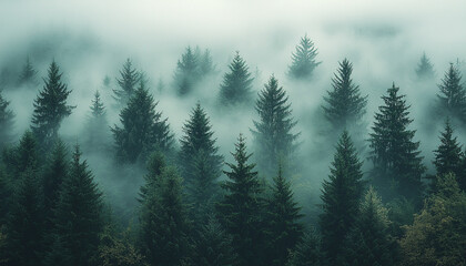 Wall Mural - mystery forest landscape, foggy mountain in autumn season generated by ai