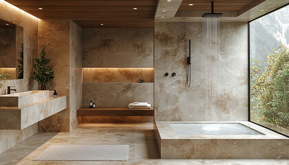 Sticker - Modern domestic bathroom with clean marble bathtub and shower generated by AI