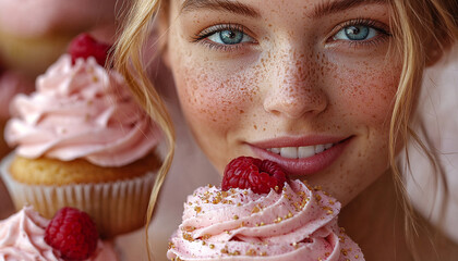 Sticker - Blond woman eating cupcake, smiling with satisfaction generated by AI