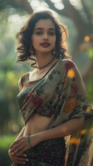 Wall Mural - A south indian model posing for a vogue magazine ad inside a parc, stylish, she is wearing a beautiful saree, cinematography, beautiful bokeh ,generative ai